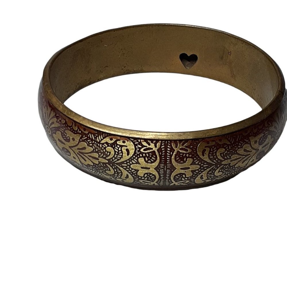 Brass Damascene Bangle Ornate Floral Heart Metal Punched inside